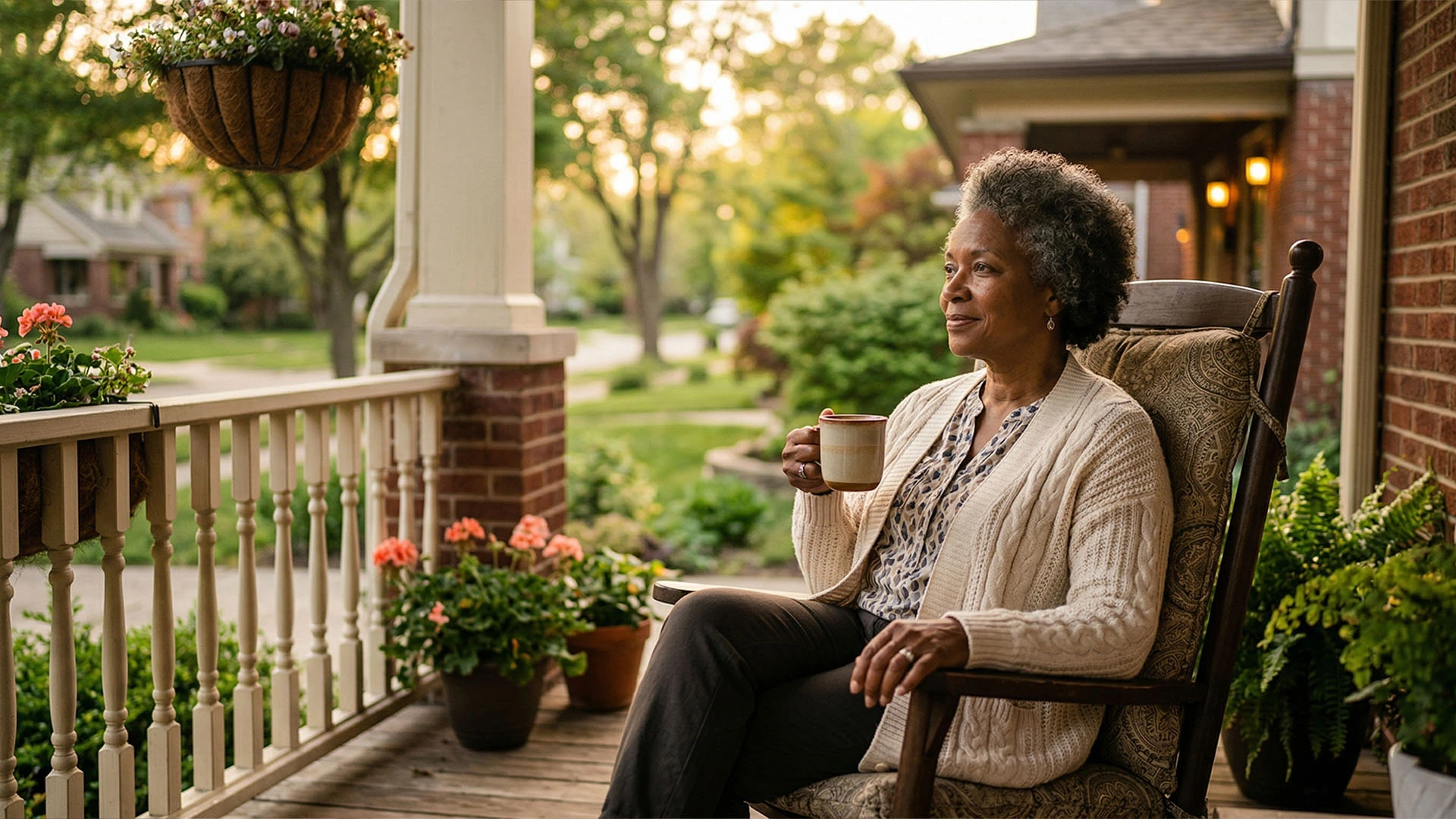 Elderly woman sitting peacefully on her front porch